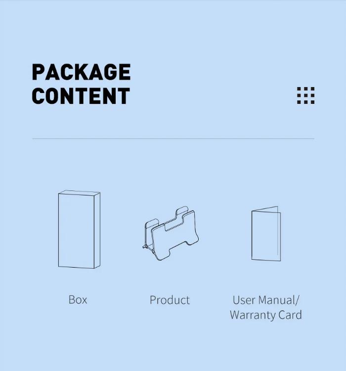 Silver HAGIBIS ZLS01 Alloy Vertical Gravity Locking Laptop Stand Package content list with icons for box, product, and user manual/warranty card on a light blue background.