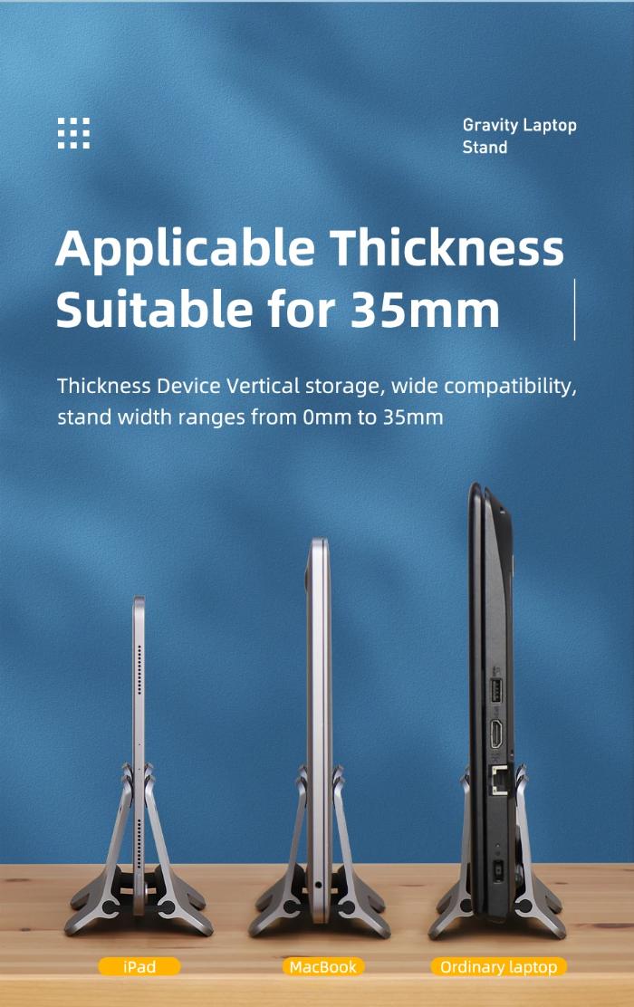 Silver HAGIBIS ZLS01 Alloy Vertical Gravity Locking Laptop Stand showing applicable thickness suitable for 35mm size on a blue background