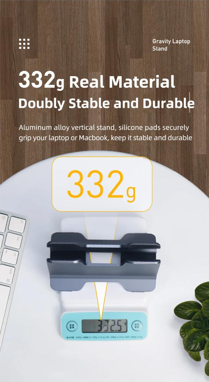 Silver HAGIBIS ZLS01 Alloy Vertical Gravity Locking Laptop Stand with digital display showing weight on a wooden background