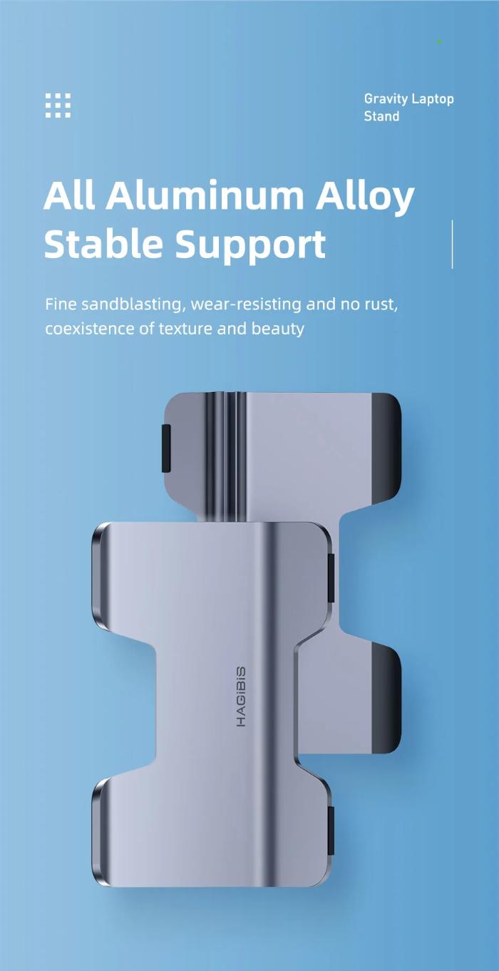 Silver HAGIBIS ZLS01 Alloy Vertical Gravity Locking Laptop Stand showing all aluminum alloy stable support on a blue background