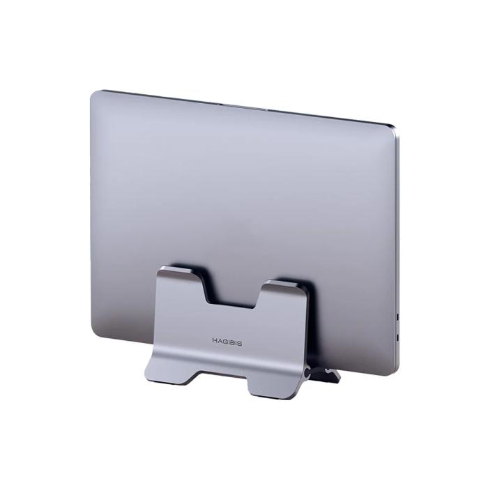 Silver HAGIBIS ZLS01 Alloy Vertical Gravity Locking Laptop Stand holding a laptop on a white background