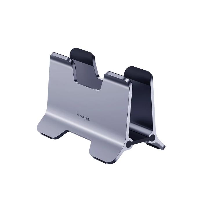 Silver HAGIBIS ZLS01 Alloy Vertical Gravity Locking Laptop Stand on a white back ground