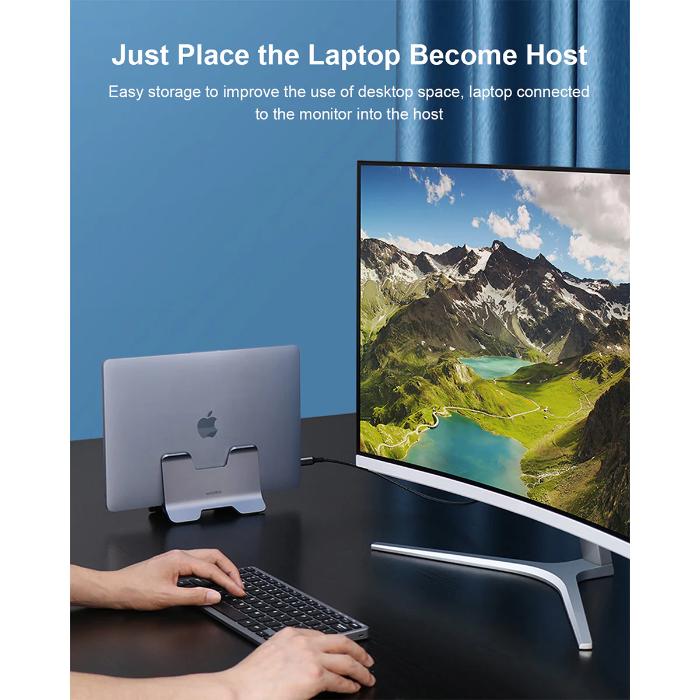 Silver HAGIBIS ZLS01 Alloy Vertical Gravity Locking Laptop Stand - Laptop on a stand connected to a monitor displaying a mountain scene, with text about easy storage solutions.