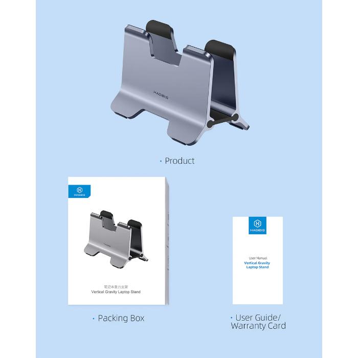 Silver HAGIBIS ZLS01 Alloy Vertical Gravity Locking Laptop Stand - with packaging and user guide on a light blue background