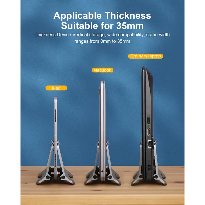 Silver HAGIBIS ZLS01 Alloy Vertical Gravity Locking Laptop Stand with compatibility for devices up to 35mm thickness on a blue background