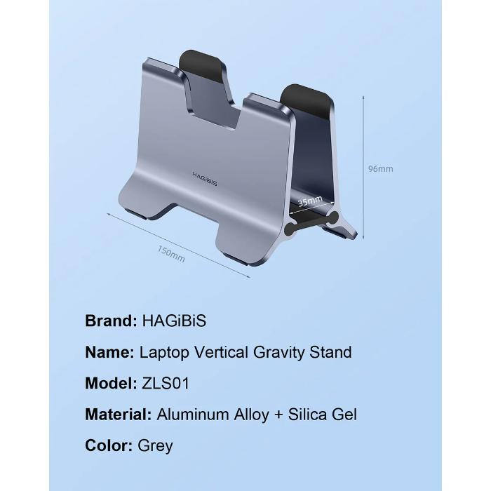 Silver HAGIBIS ZLS01 Alloy Vertical Gravity Locking Laptop Stand with dimensions and HAGiBiS branding on a light blue background