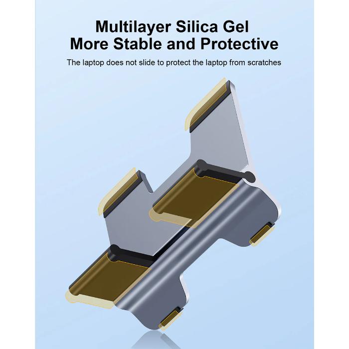 Silver HAGIBIS ZLS01 Alloy Vertical Gravity Locking Laptop Stand showing Multilayer silica gel product with text on a light blue background