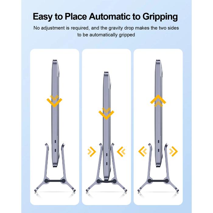 Silver HAGIBIS ZLS01 Alloy Vertical Gravity Locking Laptop Stand showing Illustration of a stand with arrows indicating automatic gripping mechanism on a light blue background.
