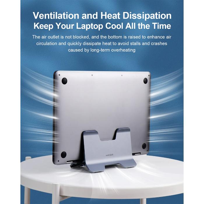 Silver HAGIBIS ZLS01 Alloy Vertical Gravity Locking Laptop Stand with text about ventilation and heat dissipation on a blue background