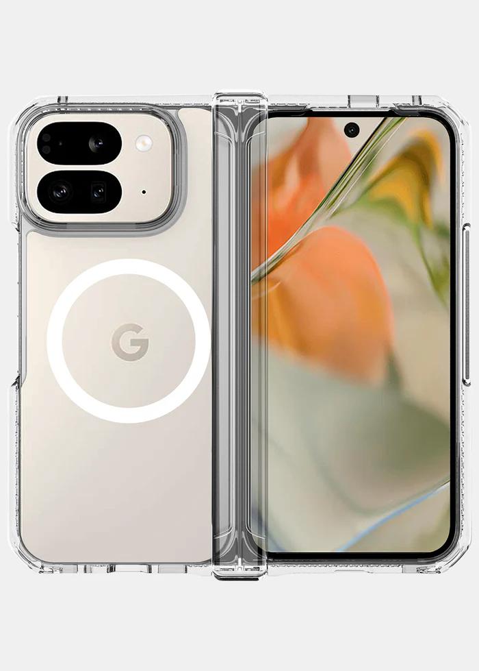Transparent ITSKINS Hybrid R Clear Hinge Magnetic Case for Google Pixel 10 Pro Fold (2025) on a white background