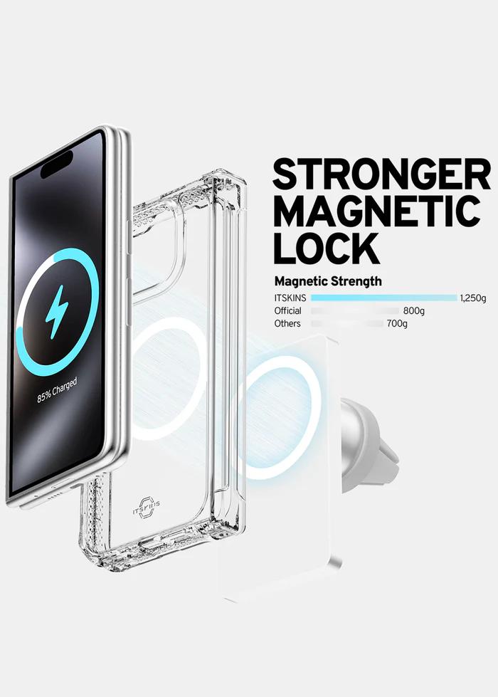 Transparent ITSKINS Hybrid R Clear Hinge Magnetic Case for Google Pixel 10 Pro Fold (2025) with magnetic lock feature on a white background