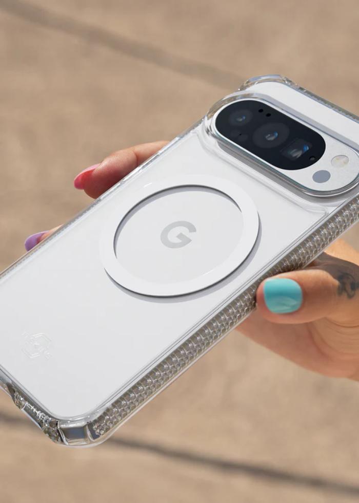 Transparent ITSKINS Hybrid R Clear Magnetic Case for Google Pixel 10/10 Pro (2025) held by a hand on a beige background