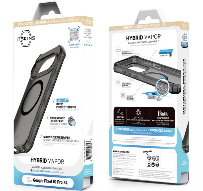 Packaging for ITSKINS Hybrid R Vapor Magnetic Case for Google Pixel 10 Pro XL (2025) with visible branding and product details.