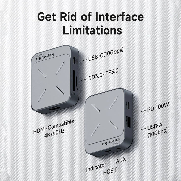 HAGIBIS TC100 Multi-function Type-C Magnetic Docking Station Hub, 10Gbps, 4K/60Hz