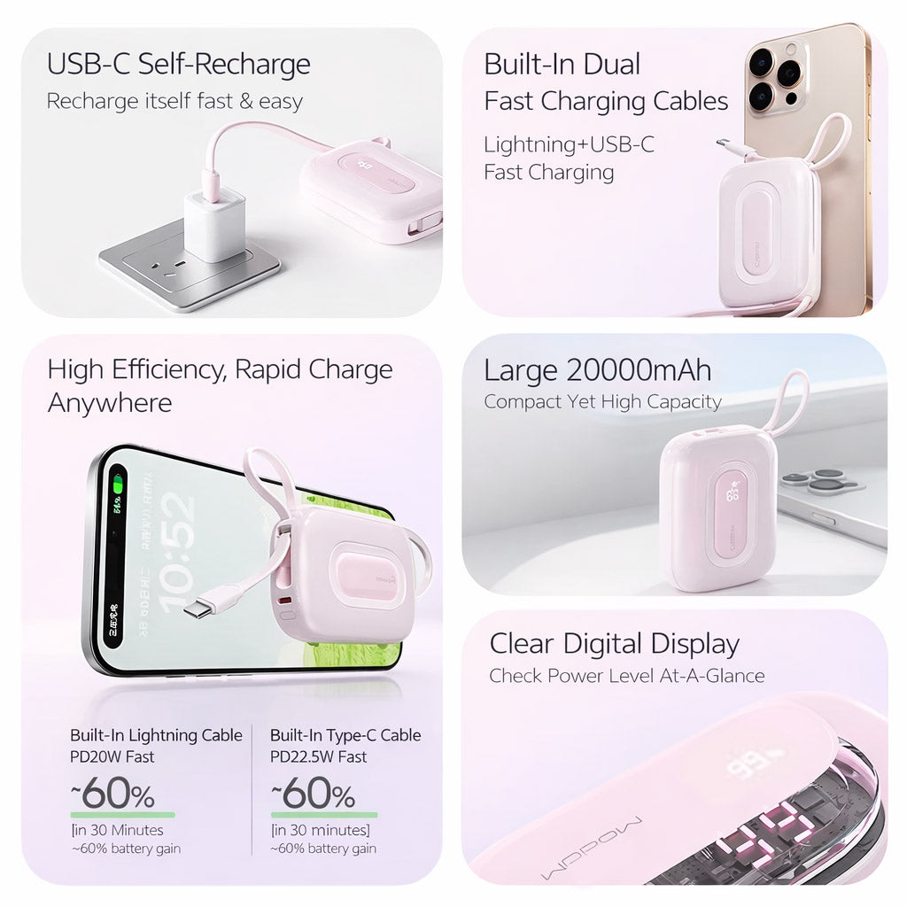 WOPOW SQ73A Mini PowerBank With Lightning-Type C Cable, 20000mAh, 293g