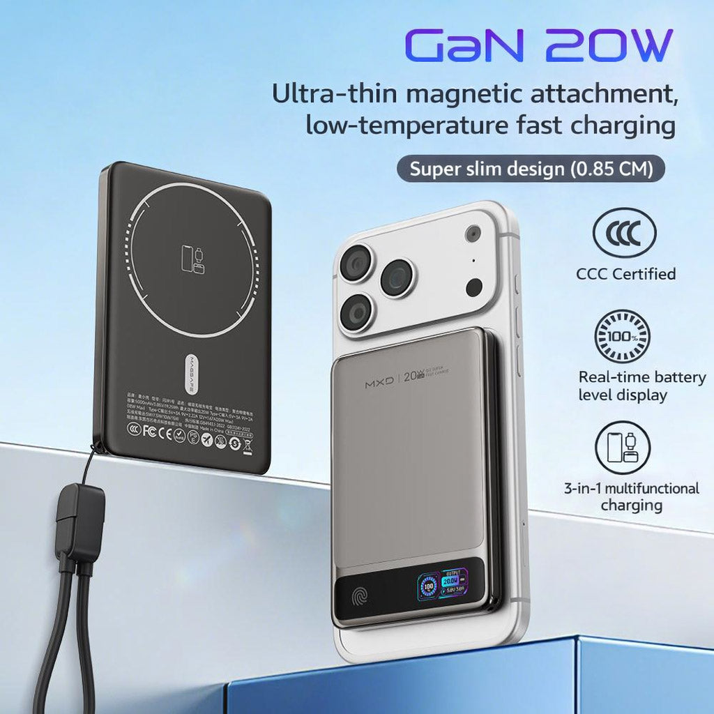 MXD GaN 20W Magnetic Power Bank with Fingerprint Recognition & Digital Display