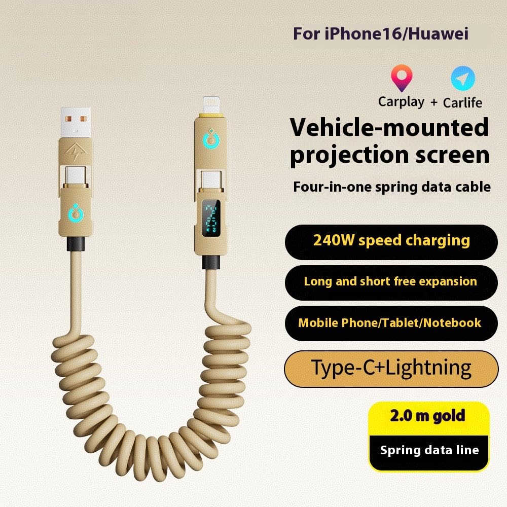 BASEMO 240W 4 in 1 Water-droplet Digital Display Spring Charging Cable, 2m