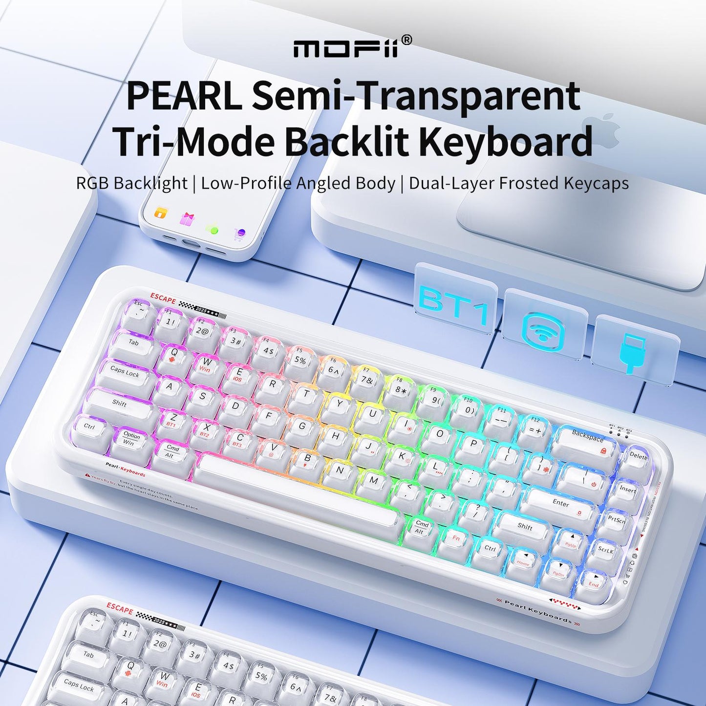 MOFII Pearl Series Tri-Mode RGB Backlit Mechanical Keyboard,68 Key