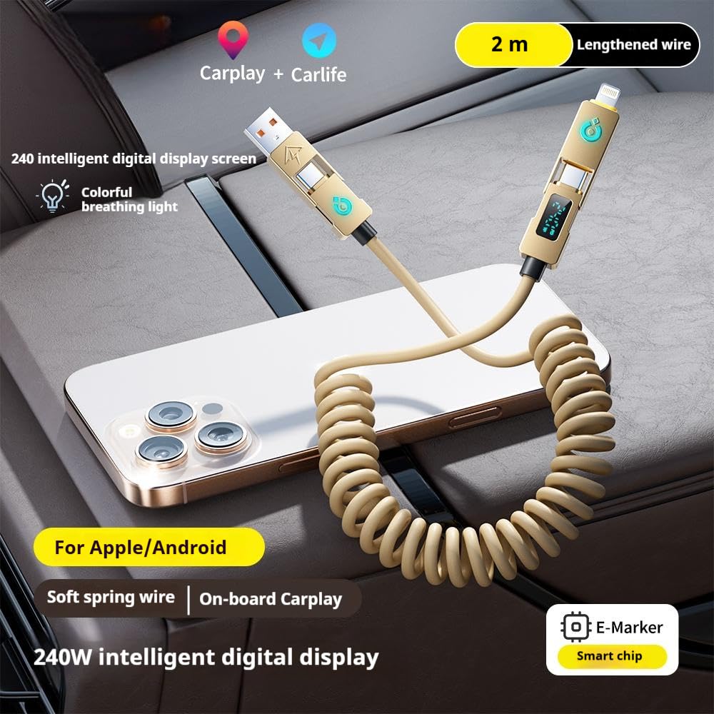 BASEMO 240W 4 in 1 Water-droplet Digital Display Spring Charging Cable, 2m