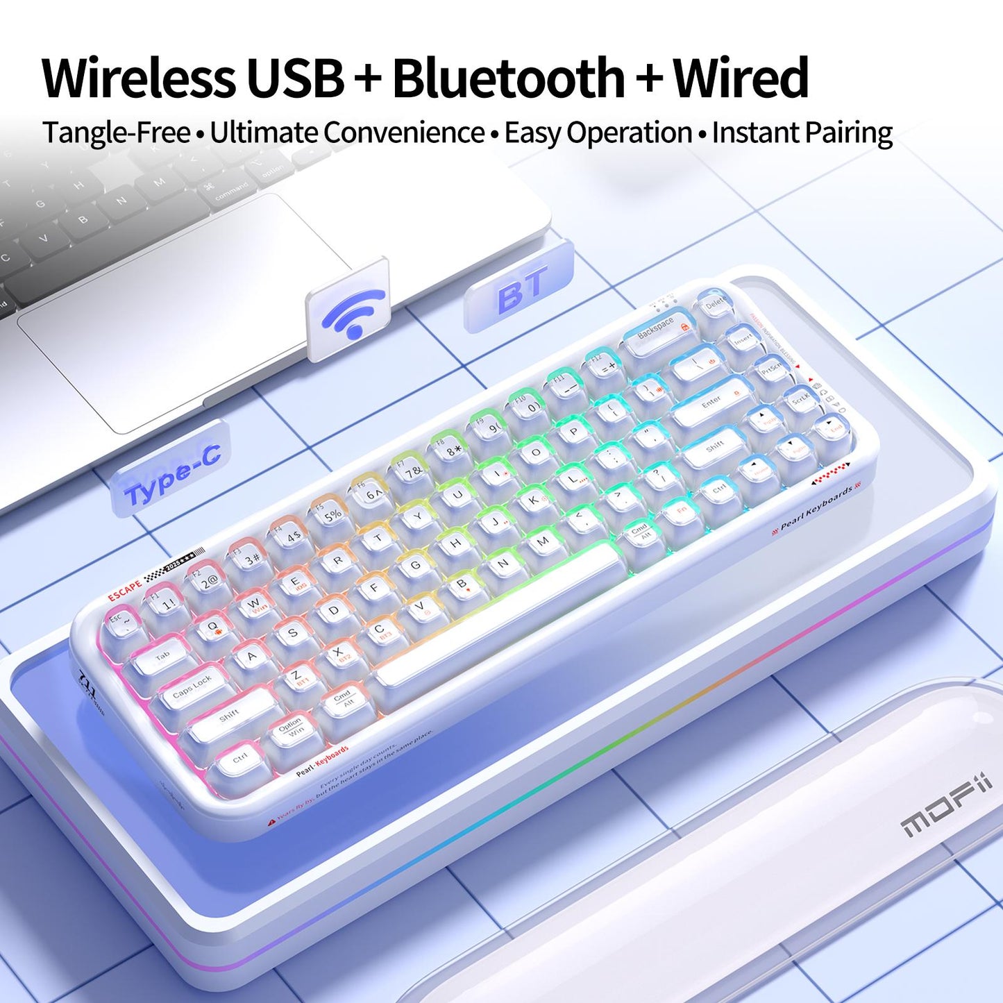 MOFII Pearl Series Tri-Mode RGB Backlit Mechanical Keyboard,68 Key