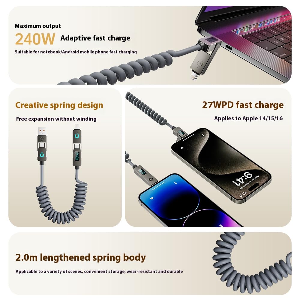BASEMO 240W 4 in 1 Water-droplet Digital Display Spring Charging Cable, 2m