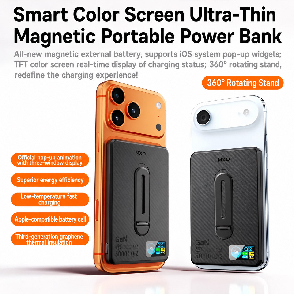 MXD i10Pro 5000mAh / 10000mAh Qi2 Ultra Thin Magnetic Wireless Power Bank with Stand
