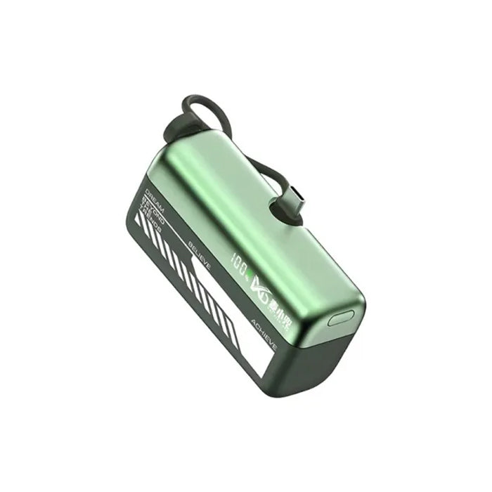 Green MXD G63 22.5W 10000Mah Lipstick Sized Portable Power Bank with Built-in Cable on a white background