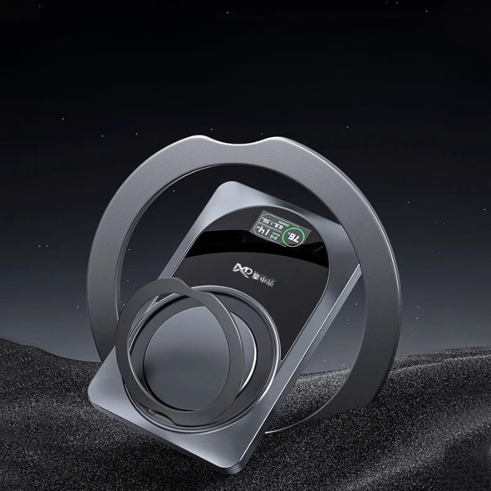 Grey MXD MH111 5000mAh / MH119 10000mAh 3in1 Ultra Thin Magnetic Wireless External Power Bank on a white background featuring 360-degree rotation with digital display on a dark background