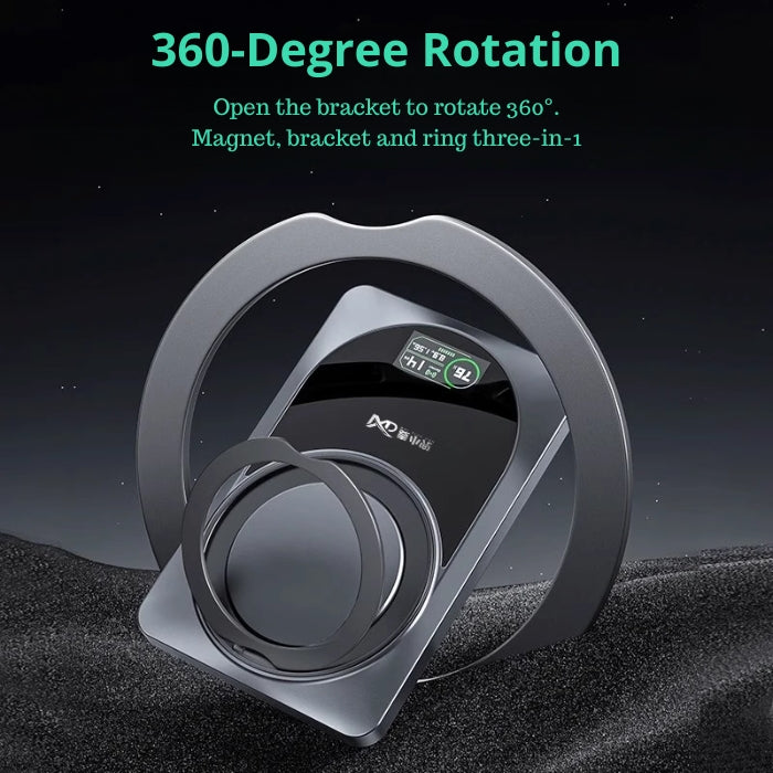 Grey MXD MH111 5000mAh / MH119 10000mAh 3in1 Ultra Thin Magnetic Wireless External Power Bank on a white background featuring 360-degree rotation with digital display on a dark background