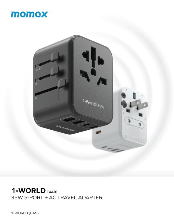 Shop and buy Momax UA9 1-WORLD PD 35W 5-Port + AC Travel Adapter Built-in JP/US, AU, EU, UK sockets charge 6 devices| Casefactorie® online with great deals and sales prices with fast and safe shipping. Casefactorie is the largest Singapore official authorised retailer for the largest collection of mobile premium accessories .