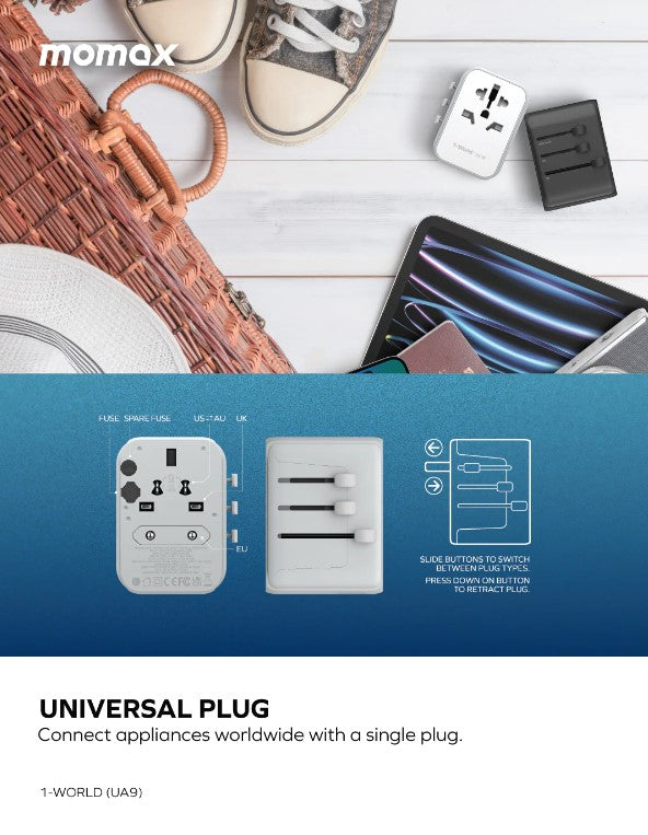 Shop and buy Momax UA9 1-WORLD PD 35W 5-Port + AC Travel Adapter Built-in JP/US, AU, EU, UK sockets charge 6 devices| Casefactorie® online with great deals and sales prices with fast and safe shipping. Casefactorie is the largest Singapore official authorised retailer for the largest collection of mobile premium accessories .