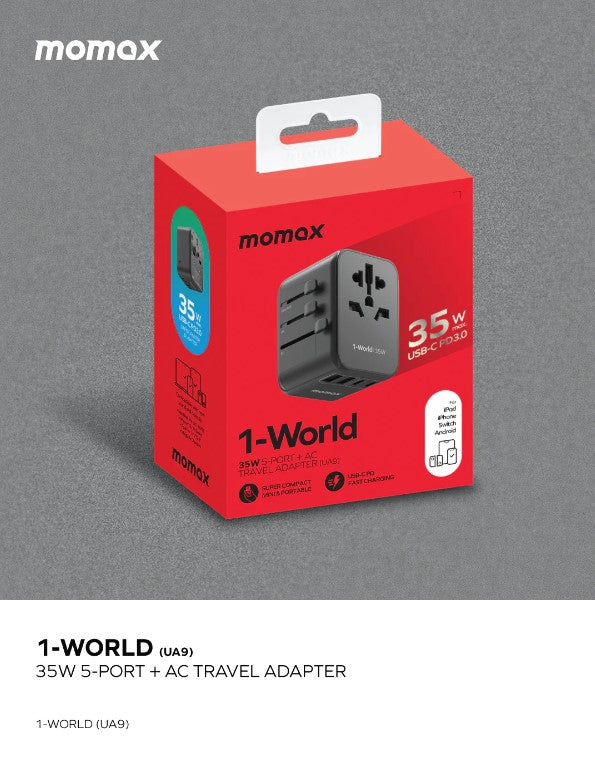 Shop and buy Momax UA9 1-WORLD PD 35W 5-Port + AC Travel Adapter Built-in JP/US, AU, EU, UK sockets charge 6 devices| Casefactorie® online with great deals and sales prices with fast and safe shipping. Casefactorie is the largest Singapore official authorised retailer for the largest collection of mobile premium accessories .