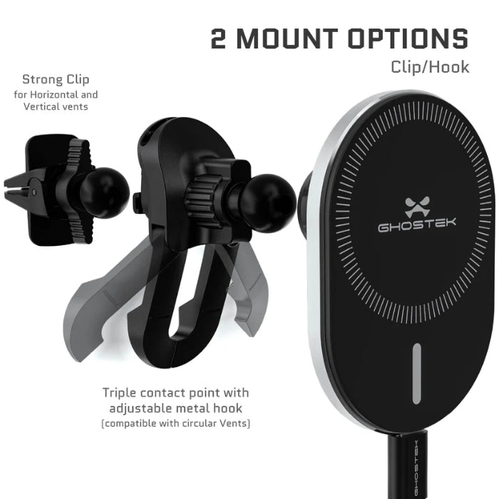 Black Ghostek NRGmount 15W Magnetic Car Charging Mount (2nd Gen) with two mounting options on a white background