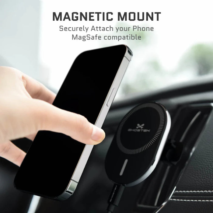 Hand holding a phone above the Black Ghostek NRGmount 15W Magnetic Car Charging Mount (2nd Gen) 