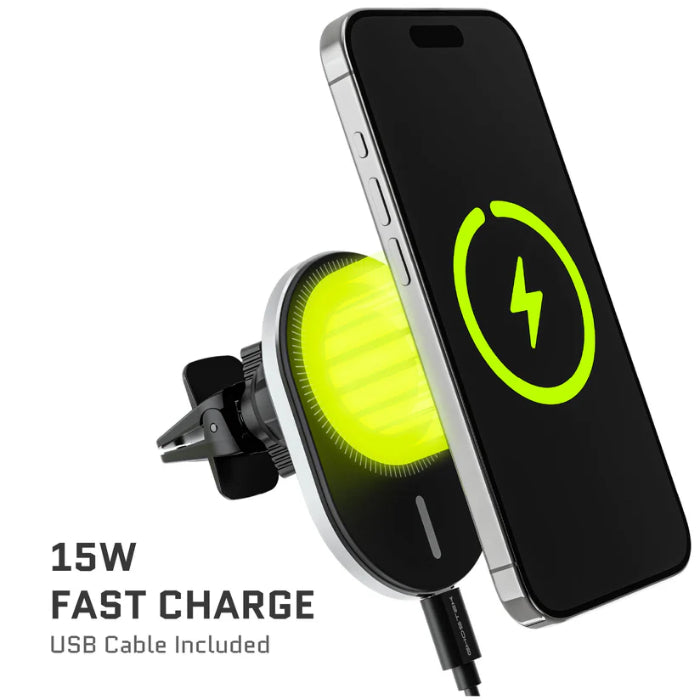 Black Ghostek NRGmount 15W Magnetic Car Charging Mount (2nd Gen) with fast charging feature on a white background