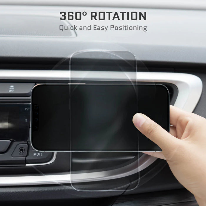 Hand holding a phone in the Black Ghostek NRGmount 15W Magnetic Car Charging Mount (2nd Gen) with '360° Rotation' text above.