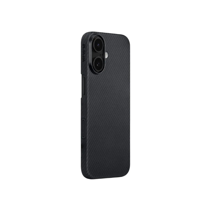 Black Gray PITAKA Ultra-Slim Case for iPhone 17 6.3" (2025) with PitaTap on a white background