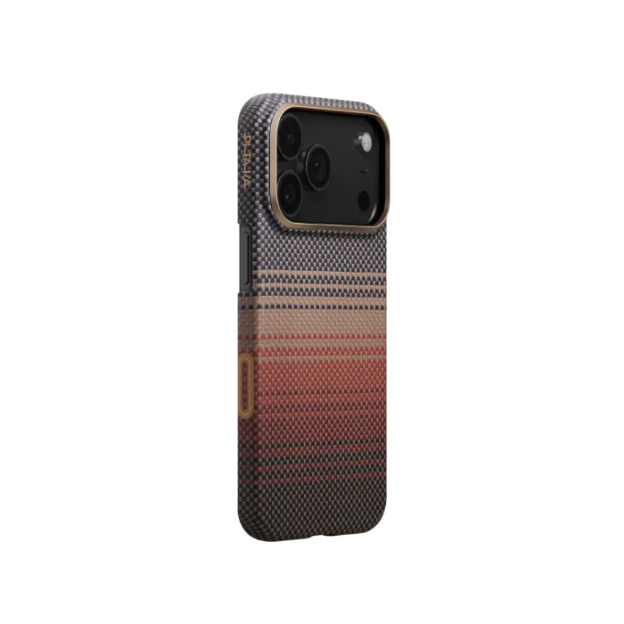 Sunset PITAKA Ultra-Slim Case for iPhone 17 Pro 6.3" (2025) with PitaTap on a white background