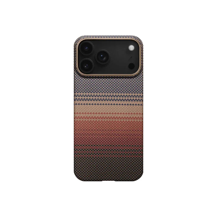 Sunset PITAKA Ultra-Slim Case for iPhone 17 Pro 6.3" (2025) with PitaTap on a white background