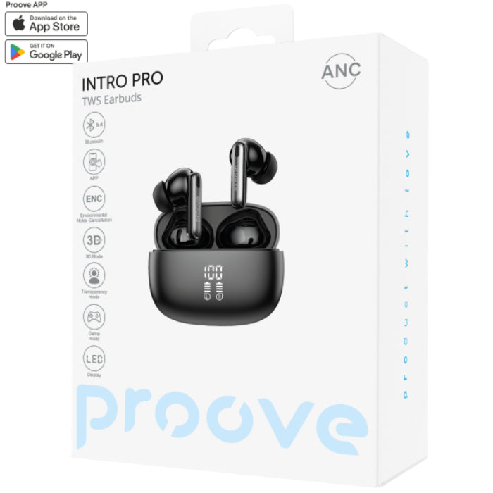 Black PROOVE Intro Pro Gaming Wireless Earphone with ANC Mode and Case LED Screen Indicator packaging