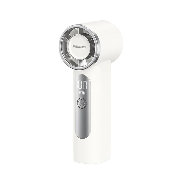 White RECCI RLS-F07 Mini High-Speed Handheld Fan with 4000mAh Battery with digital display on a white background