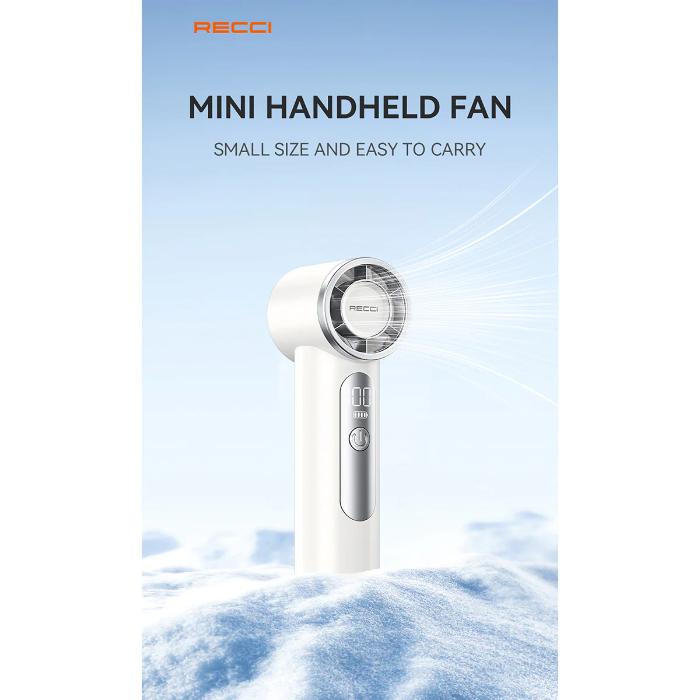 White RECCI RLS-F07 Mini High-Speed Handheld Fan with 4000mAh Battery on a blue gradient background