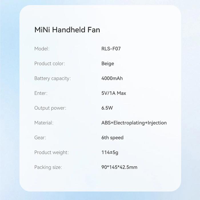 Product details of the White RECCI RLS-F07 Mini High-Speed Handheld Fan with 4000mAh Battery on a light blue background