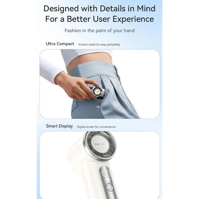 White RECCI RLS-F07 Mini High-Speed Handheld Fan with 4000mAh Battery with smart display and compact design, held by a person.