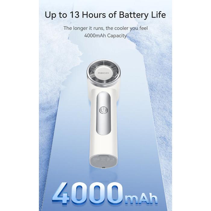 White RECCI RLS-F07 Mini High-Speed Handheld Fan with 4000mAh Battery on a light blue background