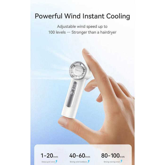 White RECCI RLS-F07 Mini High-Speed Handheld Fan with 4000mAh Battery with adjustable wind speed control on a light blue background