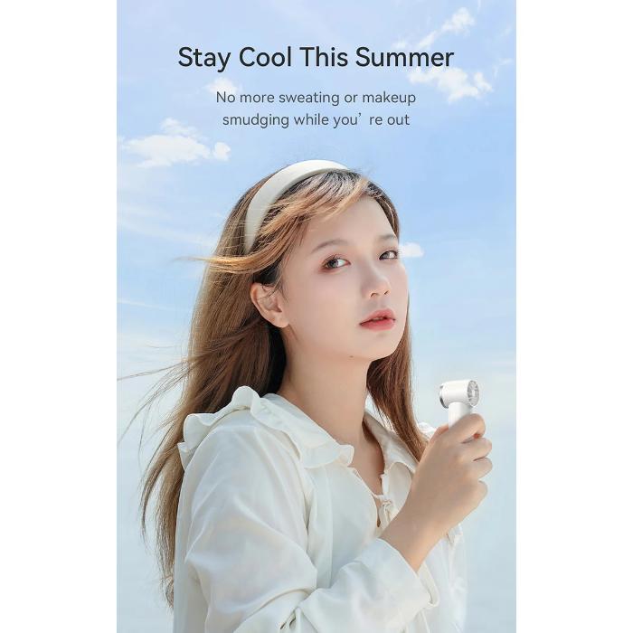 Woman holding a White RECCI RLS-F07 Mini High-Speed Handheld Fan with 4000mAh Battery with text 'Stay Cool This Summer' on a blue sky background