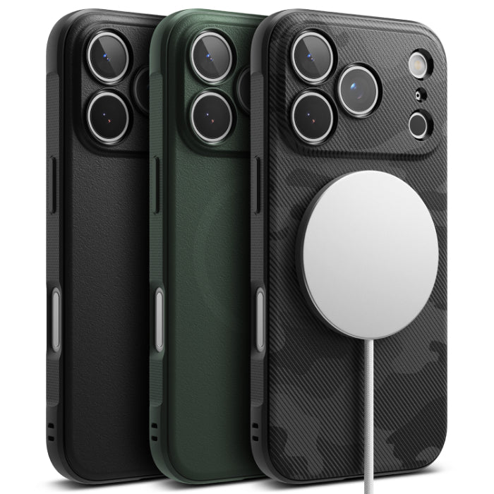 Black, Camo Black, and Dark Green RINGKE Onyx Magnetic Case for iPhone 17 Pro 6.3" (2025) logo on a white background