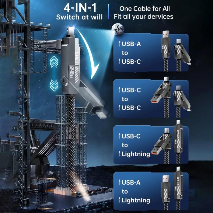 STYLEPIE L13 240W 4 in 1 Fast Charging Cable, Keychain Version on a white background FEATURINGF 4-in-1 USB adapter with multiple connection options on a dark background