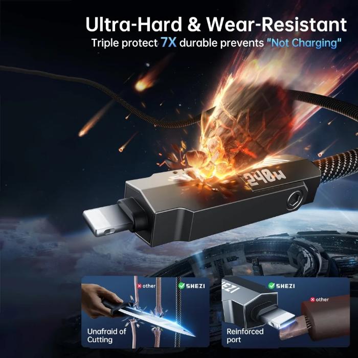 STYLEPIE L13 240W 4 in 1 Fast Charging Cable, Keychain Version with fire effect and text about durability and charging protection, set against a space-themed background.